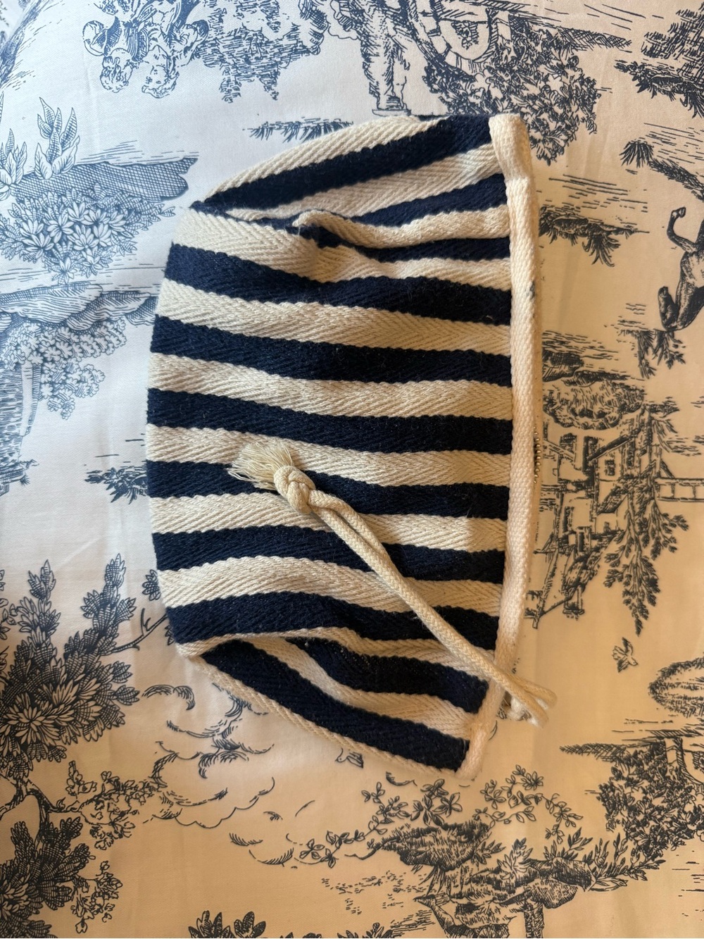 Striped Mini Drawstring Bag in Navy and Cream - Picture 2 of 3